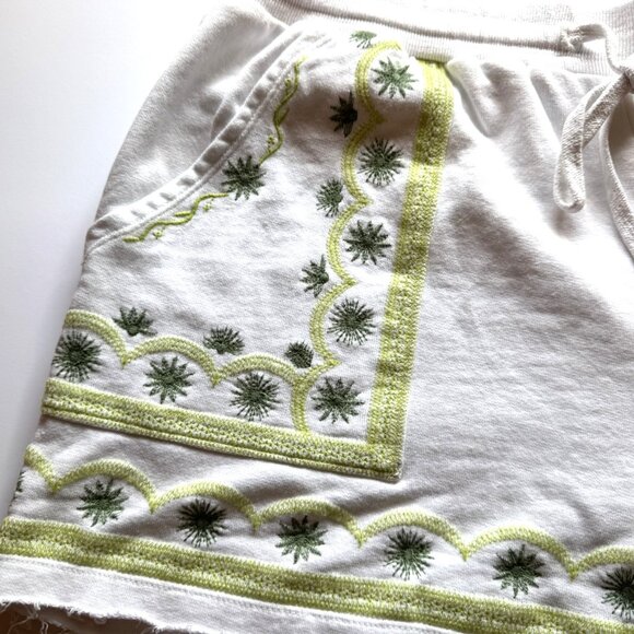 Anthropologie Terry White Green Embroidered Daily Practice Shorts sz Large - Picture 2 of 7
